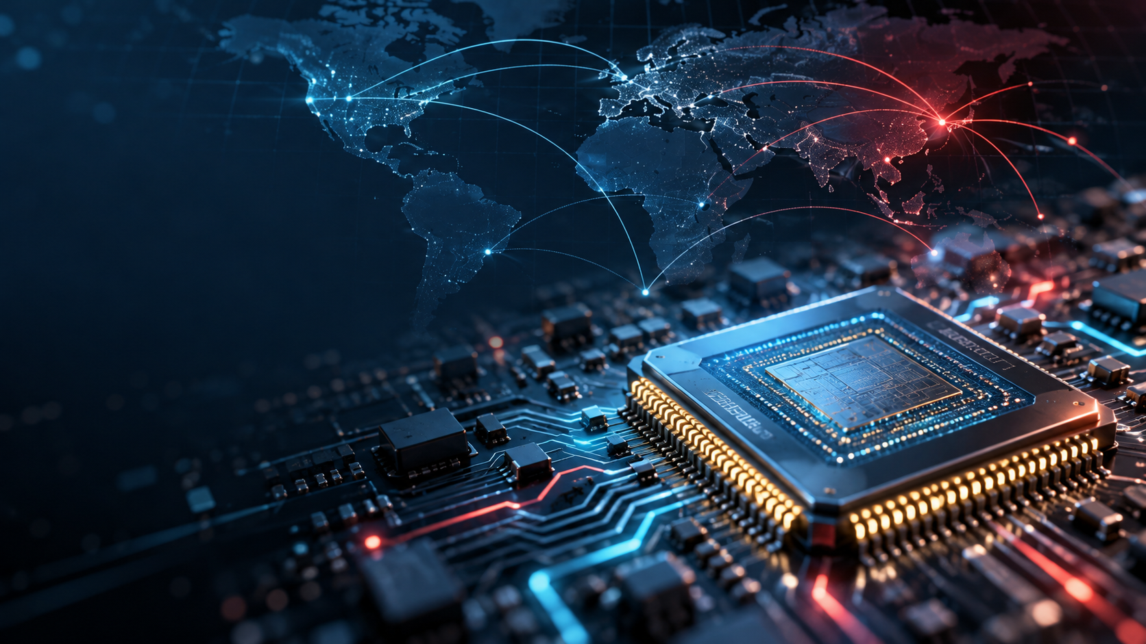 Advanced semiconductor chip with a global technology network in the background.